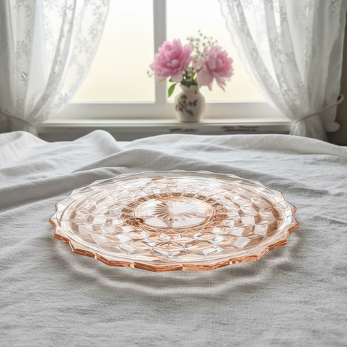 12" Vintage Pink Depression Glass Plate — Diamond Block Pattern with Scalloped Edge