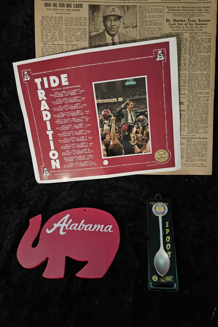 Alabama Crimson Tide 3-Piece Memorabilia Set | Tide Tradition Print + Wooden Elephant + Collector Spoon