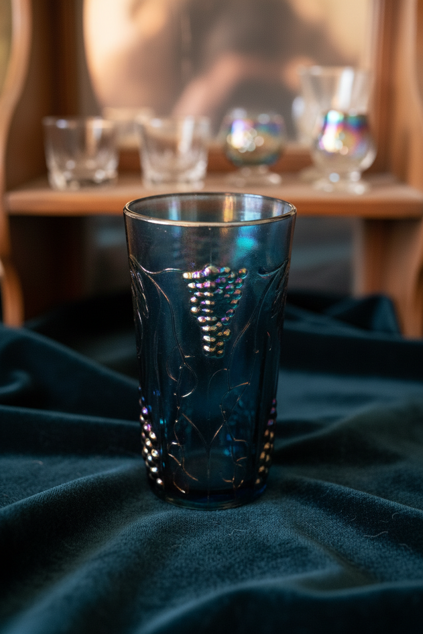 Vintage Blue Iridescent Carnival Glass Tumbler – Grape Cluster Pattern