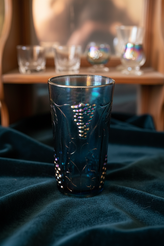Vintage Blue Iridescent Carnival Glass Tumbler – Grape Cluster Pattern