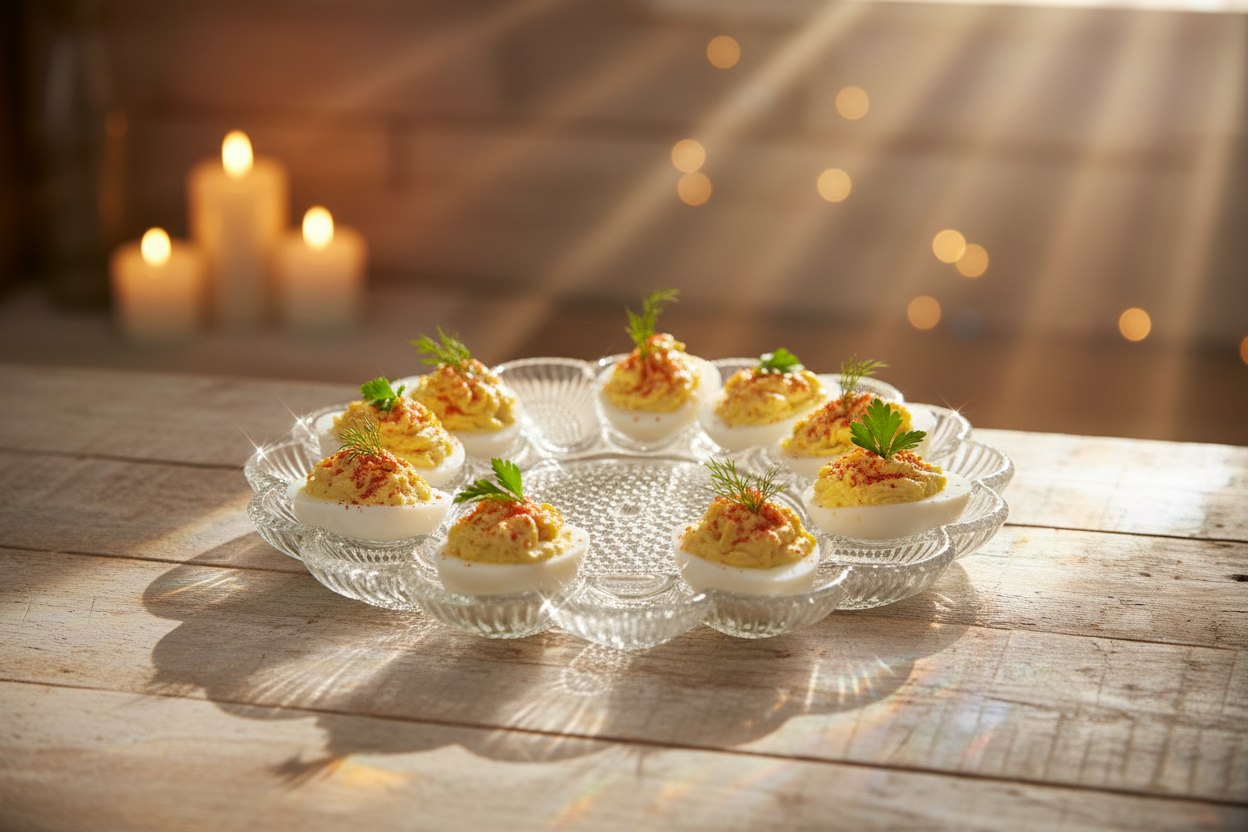 Vintage crystal hobnail pressed glass deviled egg tray on dark velvet background