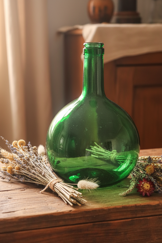 Vintage Emerald Green Bulbous Glass Bottle — Onion Demijohn Style