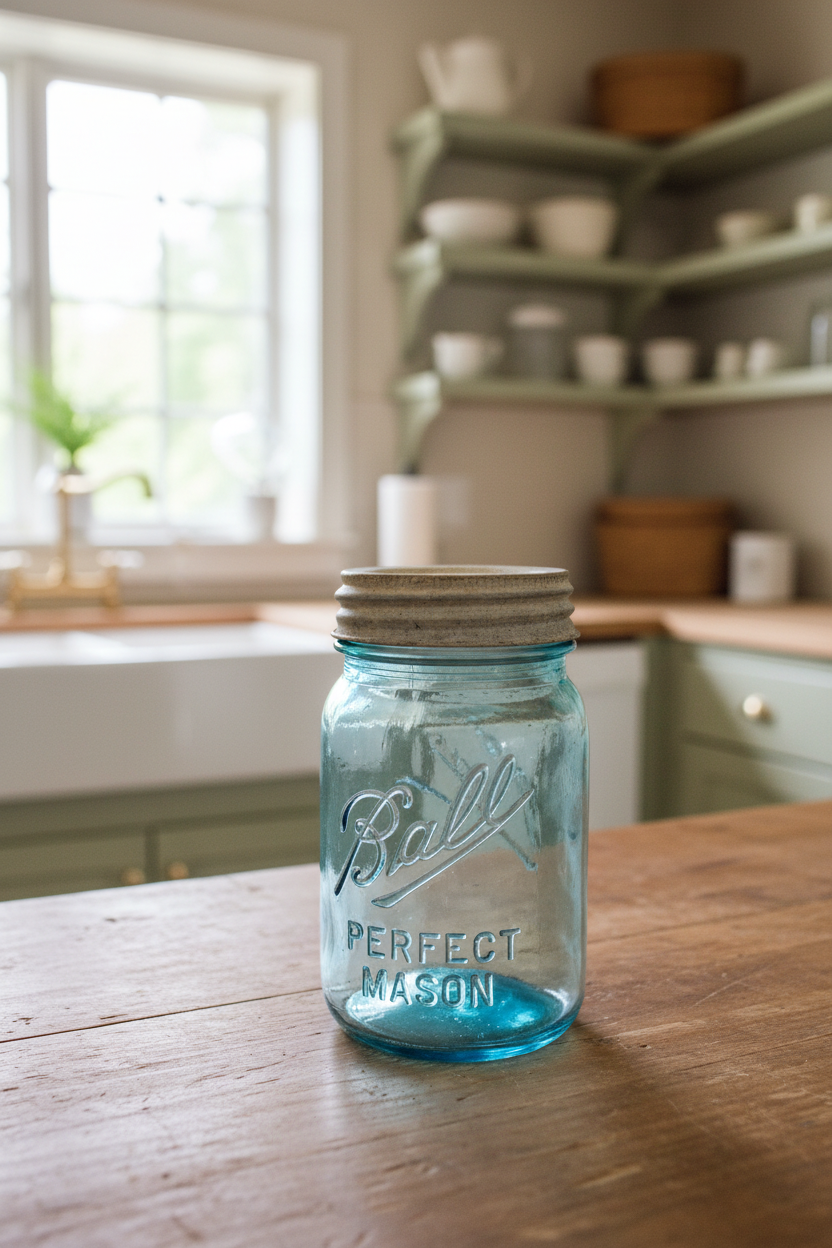 Antique Ball Perfect Mason Jar – Aqua Blue Glass with Zinc Lid Early 1900s