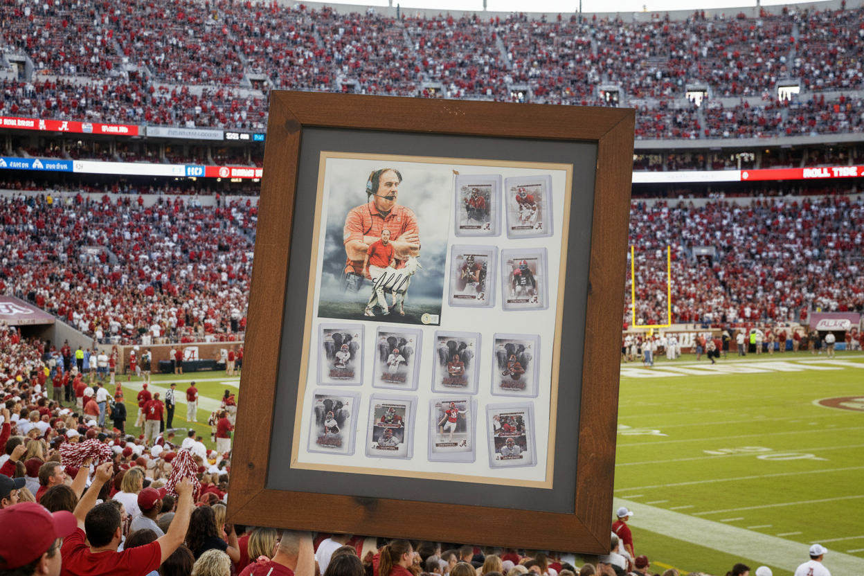 Nick Saban Autographed Framed "Claim the Victory" Display w/ 12 Alabama Crimson Tide Collector Cards