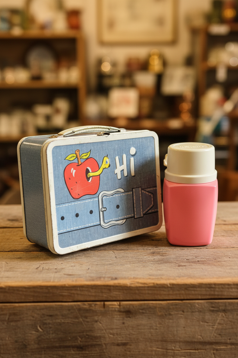 Vintage 1970s "Hi" Apple & Worm Metal Lunch Box with Original Pink Thermos — Retro School Collectible