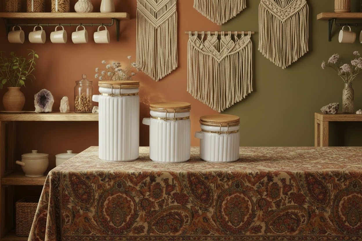 Vintage 3-Piece White Ribbed Ceramic Canister Set with Wood Lids