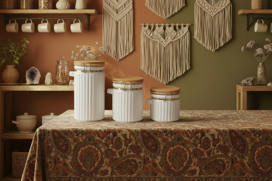 Vintage 3-Piece White Ribbed Ceramic Canister Set with Wood Lids