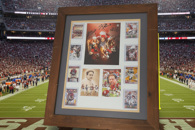 Nick Saban Multi-Signed Alabama Championship Display | Daniel Moore Signed Art | 8 Crimson Tide Collector Cards