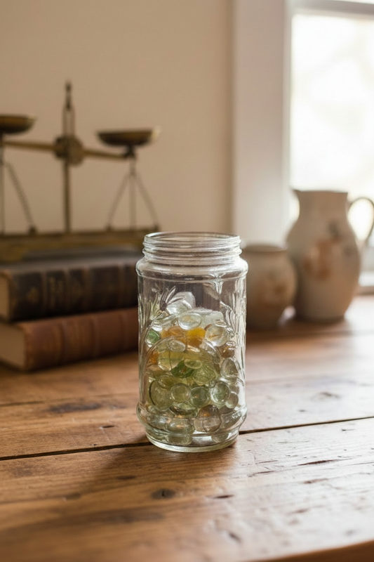 Vintage Planters Peanut Glass Jar with Glass Marbles — Embossed Collectible