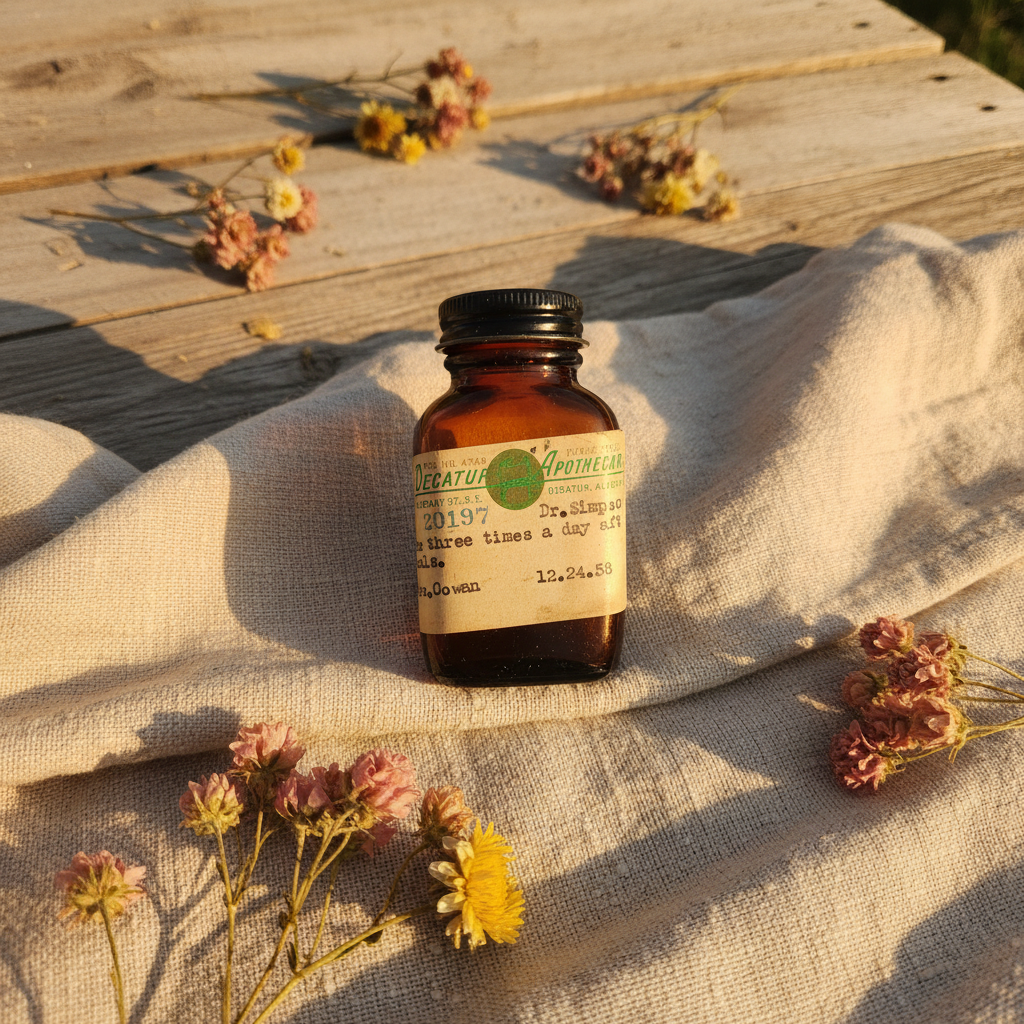 1958 Decatur Apothecary Amber Prescription Bottle — Original Label & Pills