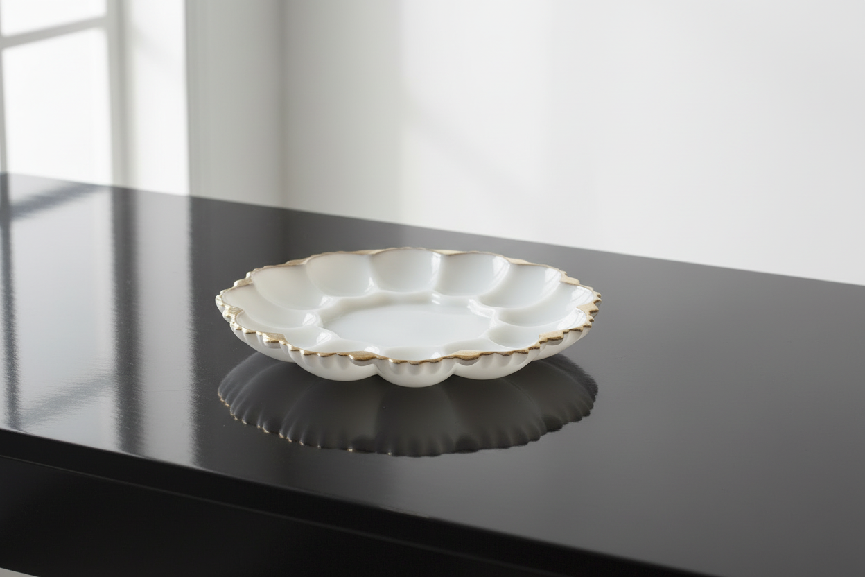 Vintage milk glass deviled egg plate with scalloped edge on white linen background