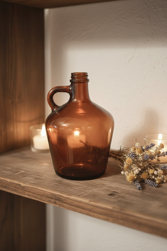 Vintage Amber Brown Glass Jug with Handle | Farmhouse Bottle Decor