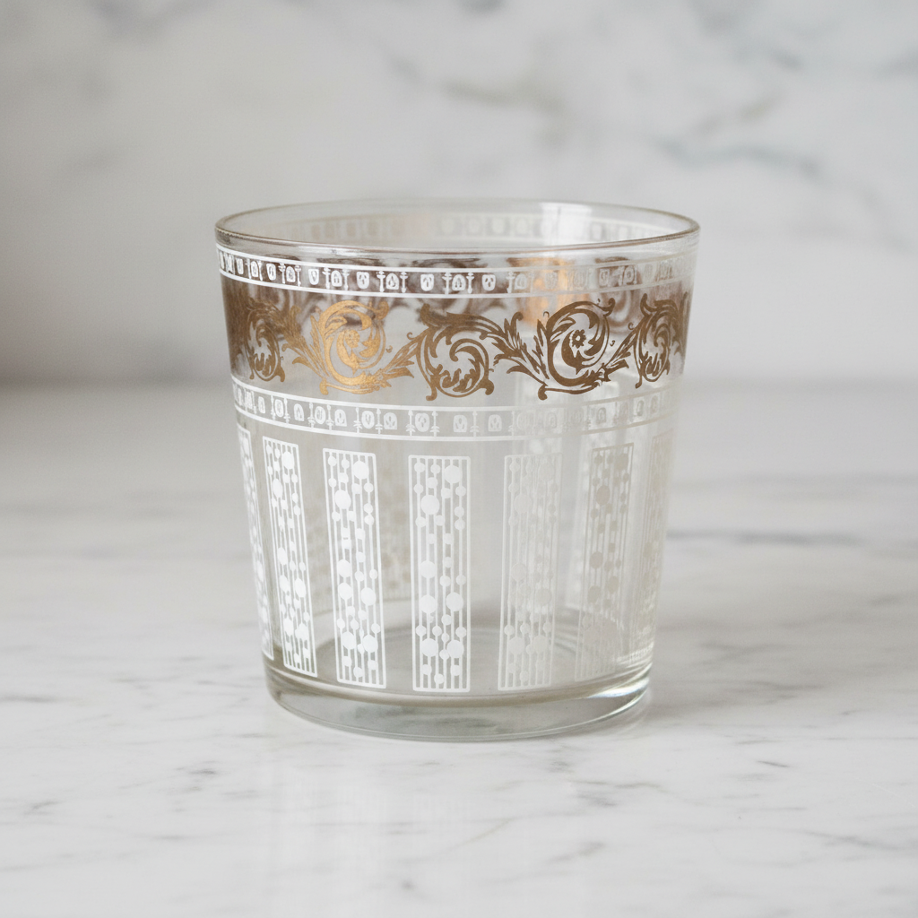 Vintage glass ice bucket with gold and white enamel decoration on white marble background