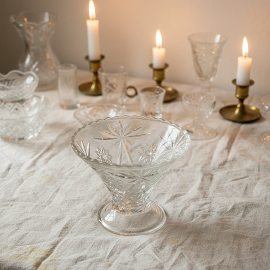 Antique EAPG Pressed Glass Compote | Star & Hobstar Pattern | Sawtooth Rim | Footed Candy Dish