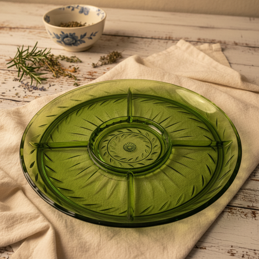 Vintage Indiana Glass Avocado Green Divided Relish Platter | Olive Leaf Pattern