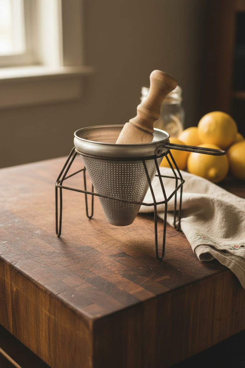 Antique Aluminum Jelly Strainer Set | Cone Strainer & Wire Stand | Vintage Kitchen with wooden utensils for mashing not pictured but the original product.
