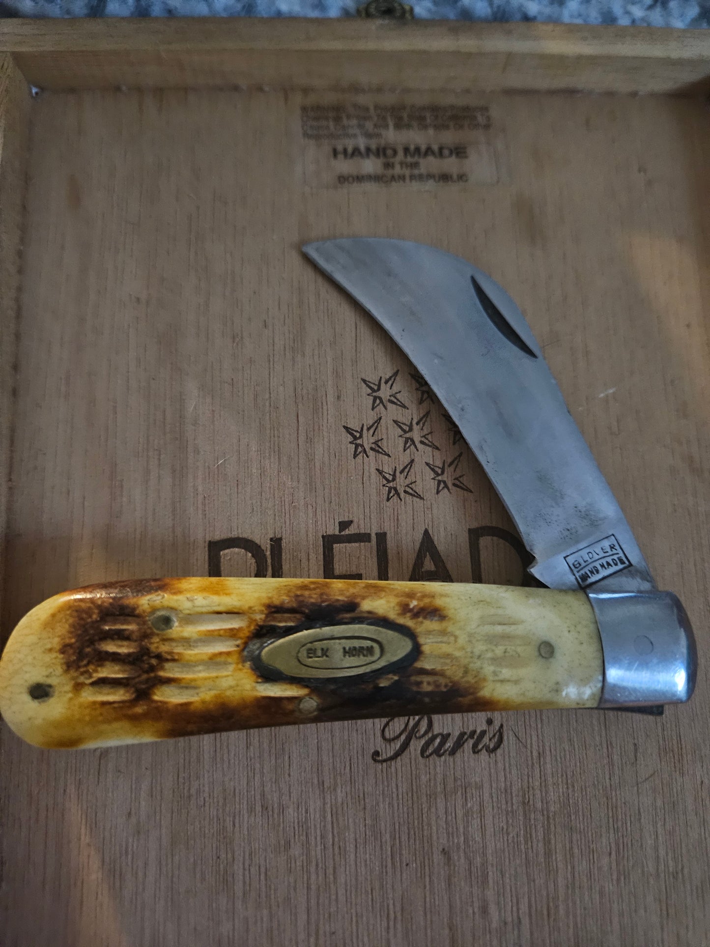 Glover Handmade Hawkbill Pocket Knife – Stag Handle with Elk Horn Shield