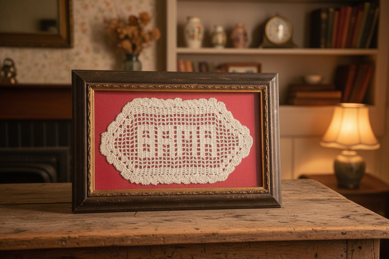 Framed Handmade Crochet Doily — Alabama Crimson Tide Display | Vintage Shadow Box Art | Bama Fan Gift