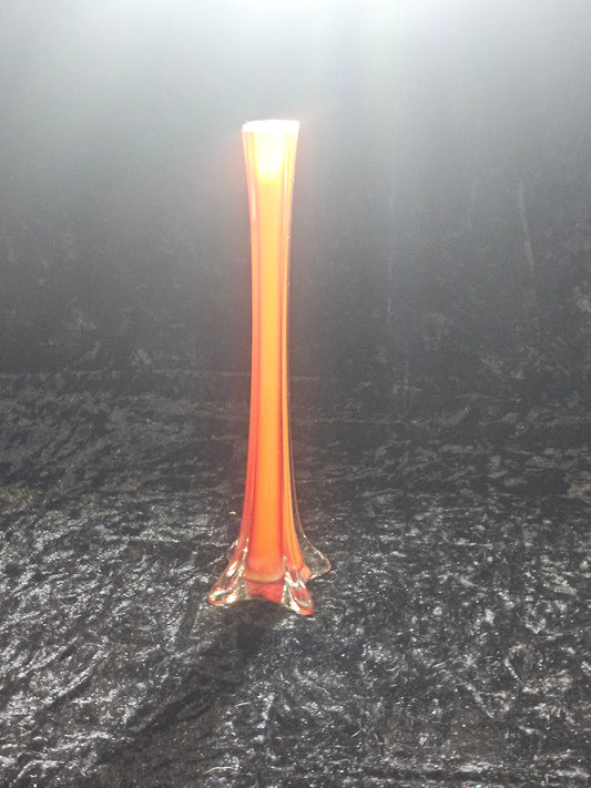 Vintage Murano Style Orange Art Glass Bud Vase — Tall Slender Swung Glass