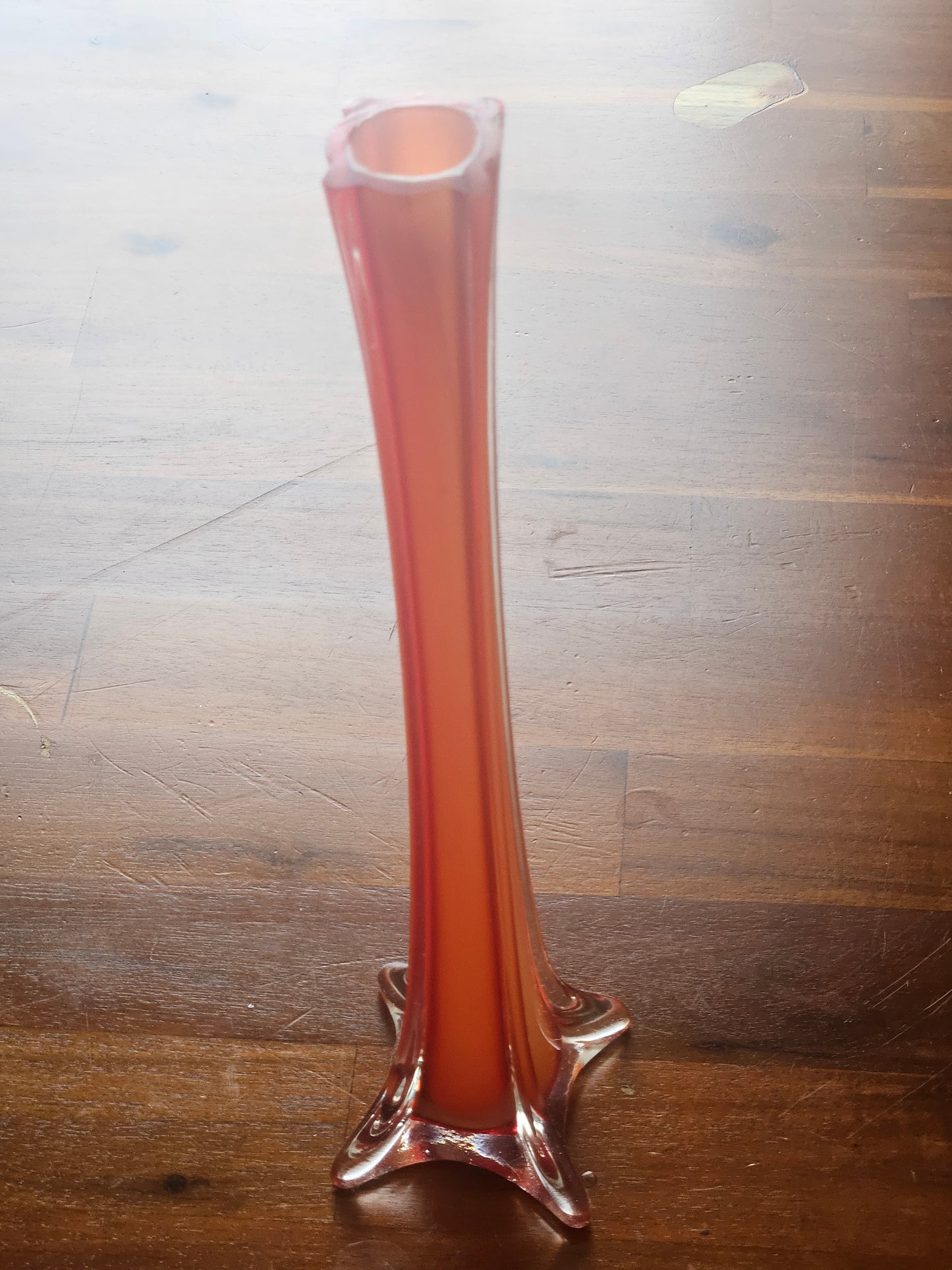 Vintage Orange Art Glass Tulip Vase with Ruffled Footed Base