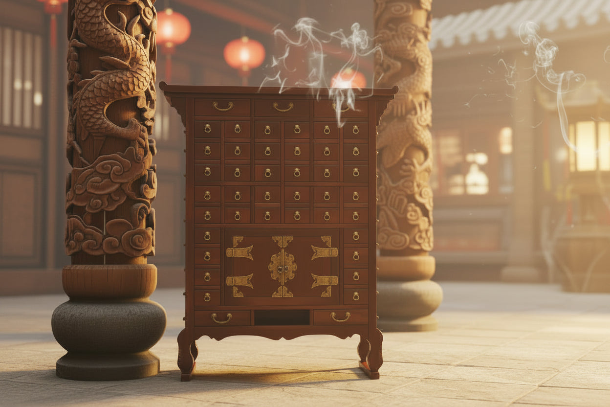 Antique Chinese Apothecary Medicine Cabinet — Late 1800s with Hand-Painted Proverbs