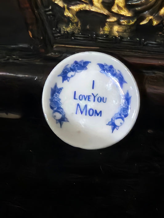 Vintage "I Love You Mom" Miniature Blue & White Porcelain Plate | Sweet Sentimental Gift | Cottage Decor