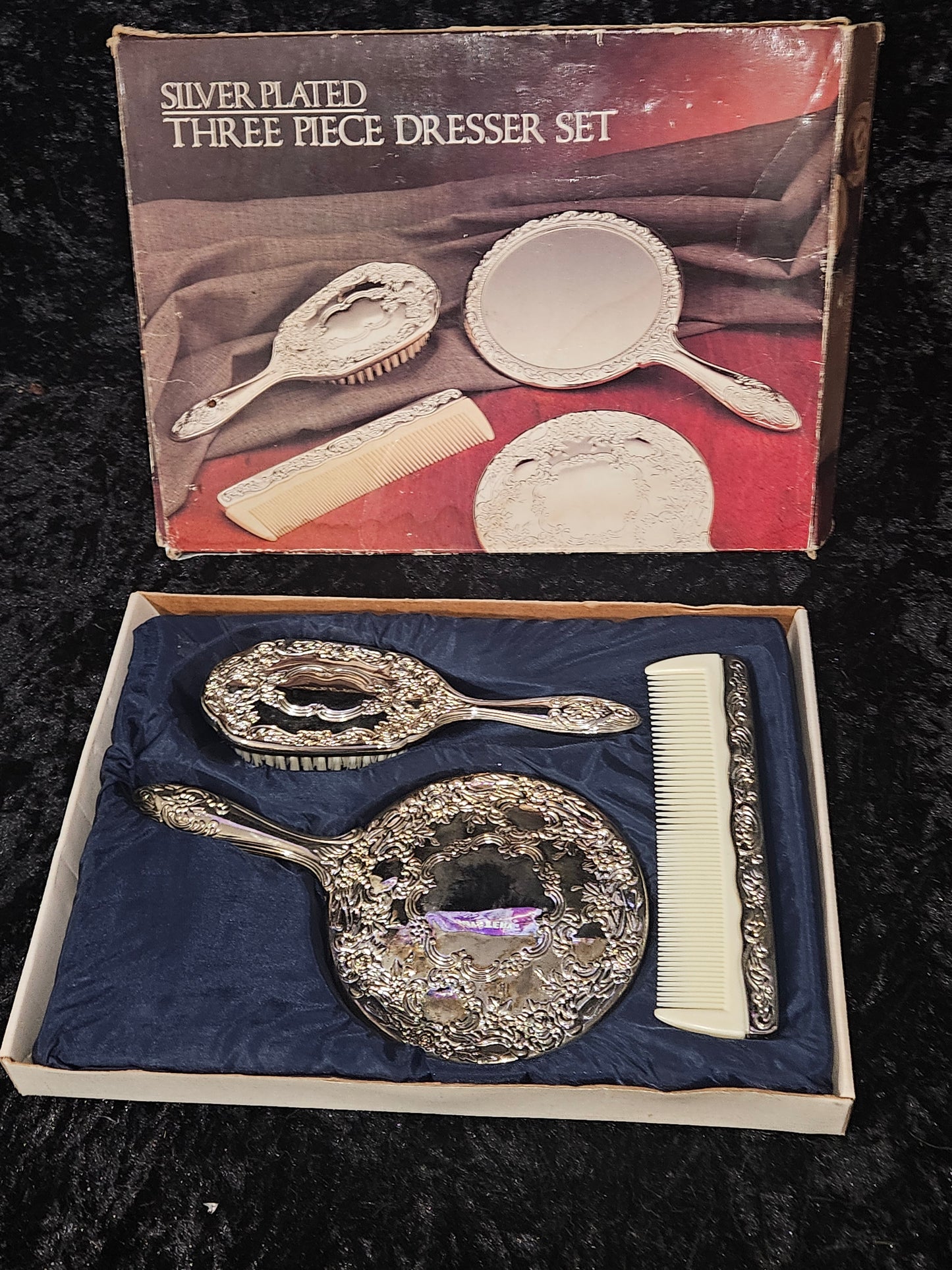 Vintage Silver Plated 3-Piece Dresser Set — Brush, Mirror & Comb in Original Box