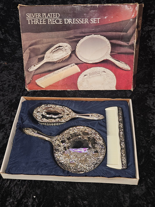 Vintage Silver Plated 3-Piece Dresser Set — Brush, Mirror & Comb in Original Box