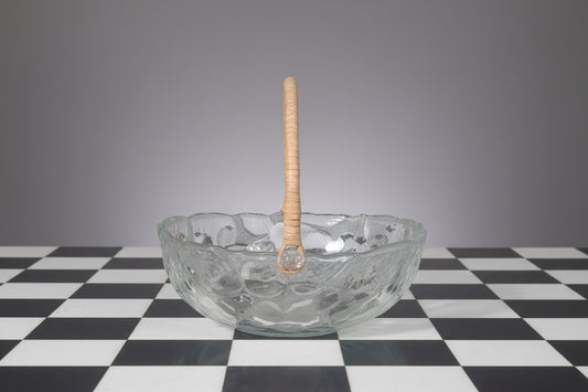 Vintage Clear Glass Grape Pattern Bowl with Wicker Handle