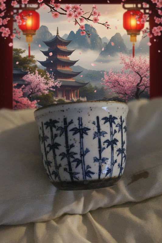 Vintage Japanese Blue & White Bamboo Stoneware Tea Cup — Gold Rim, Hand Painted