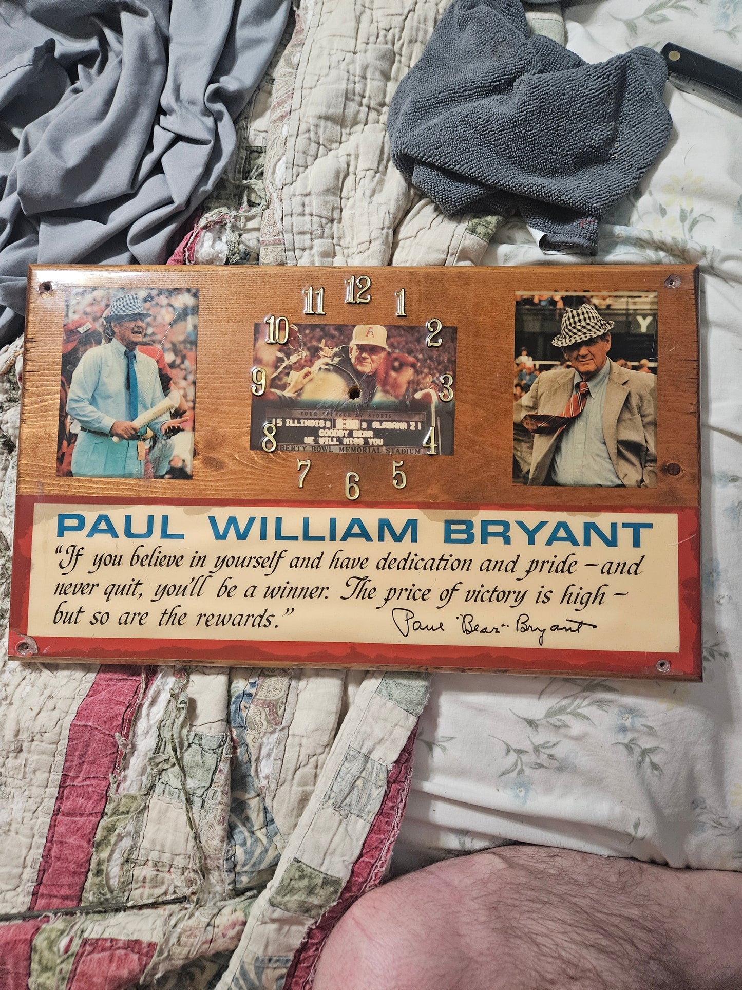 Paul "Bear" Bryant Handmade Yellow Pine Memorial Clock Plaque — One of a Kind Family Heirloom