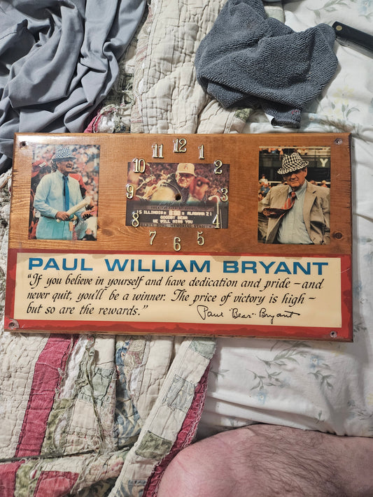 Paul "Bear" Bryant Handmade Yellow Pine Memorial Clock Plaque — One of a Kind Family Heirloom