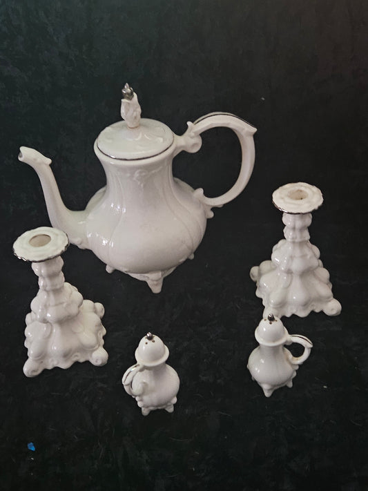 White Porcelain 5-Piece Tea & Décor Set with Silver Trim