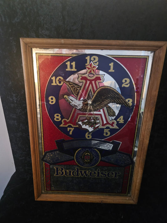 Vintage Budweiser Eagle Mirror Bar Clock – 1980s Anheuser-Busch Wall Clock