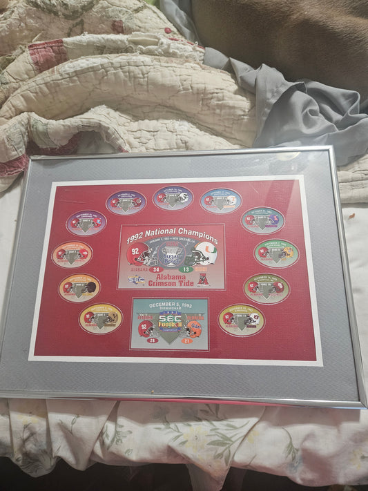 Framed 1992 Alabama Crimson Tide National Champions Pin Collection | Sugar Bowl & SEC Championship | 12 Game Pins
