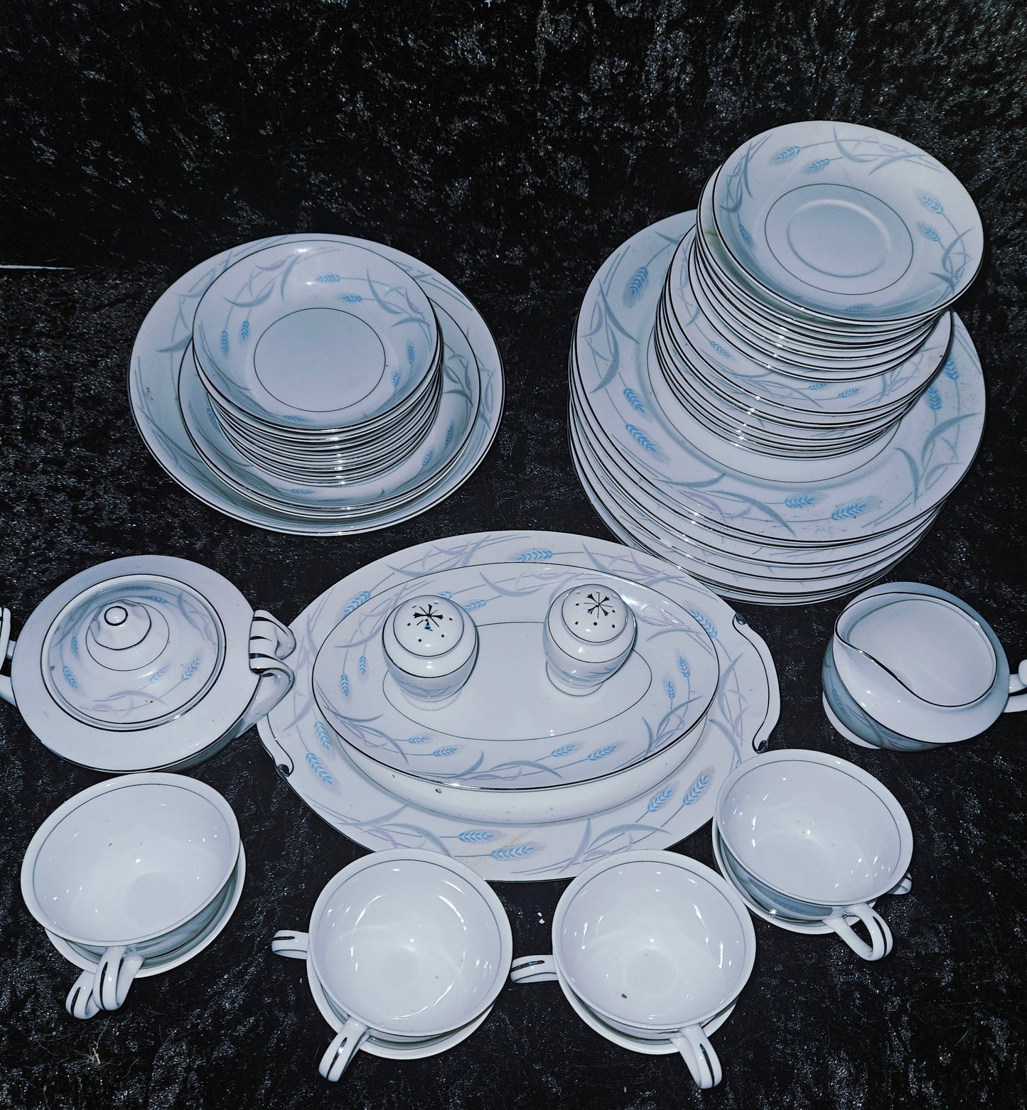 Valmont Royal Wheat Full China Set — Mid-Century Baby Blue & White Dinnerware