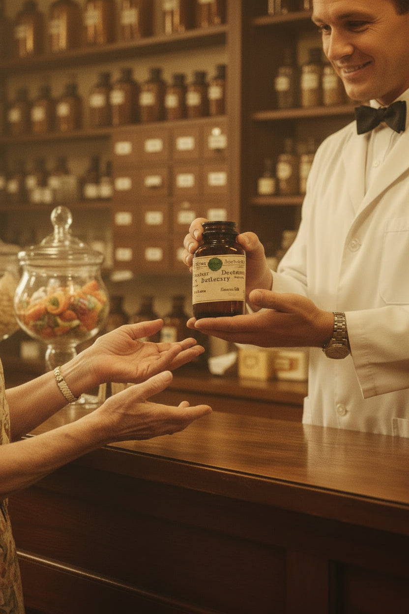 1958 Decatur Apothecary Amber Prescription Bottle — Original Label & Pills