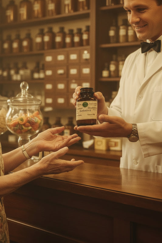 1958 Decatur Apothecary Amber Prescription Bottle — Original Label & Pills