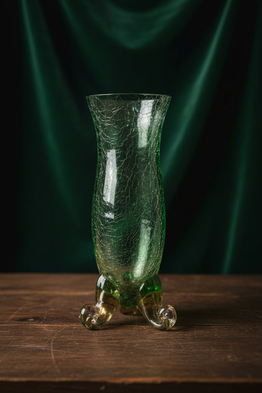 Vintage Aqua Crackle Glass Bud Vase with Gold Footed Base — Mid Century Art Glass