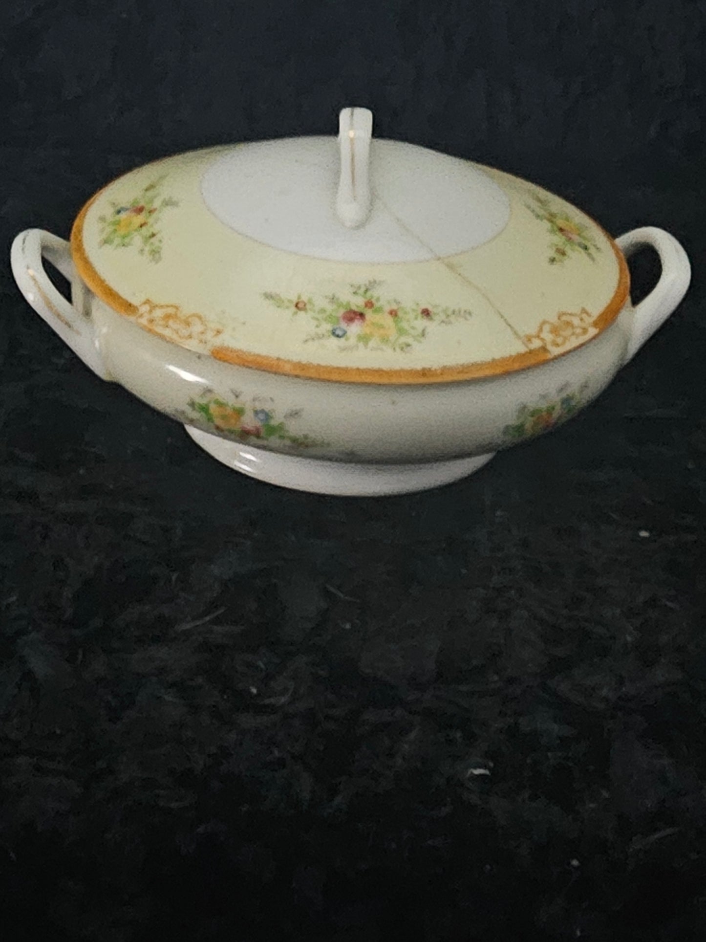 Antique German Porcelain Lidded Sugar Bowl | Hand-Painted Floral & Gold Trim | c.1900 | Hairline Crack Noted