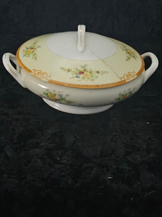 Antique German Porcelain Lidded Sugar Bowl | Hand-Painted Floral & Gold Trim | c.1900 | Hairline Crack Noted