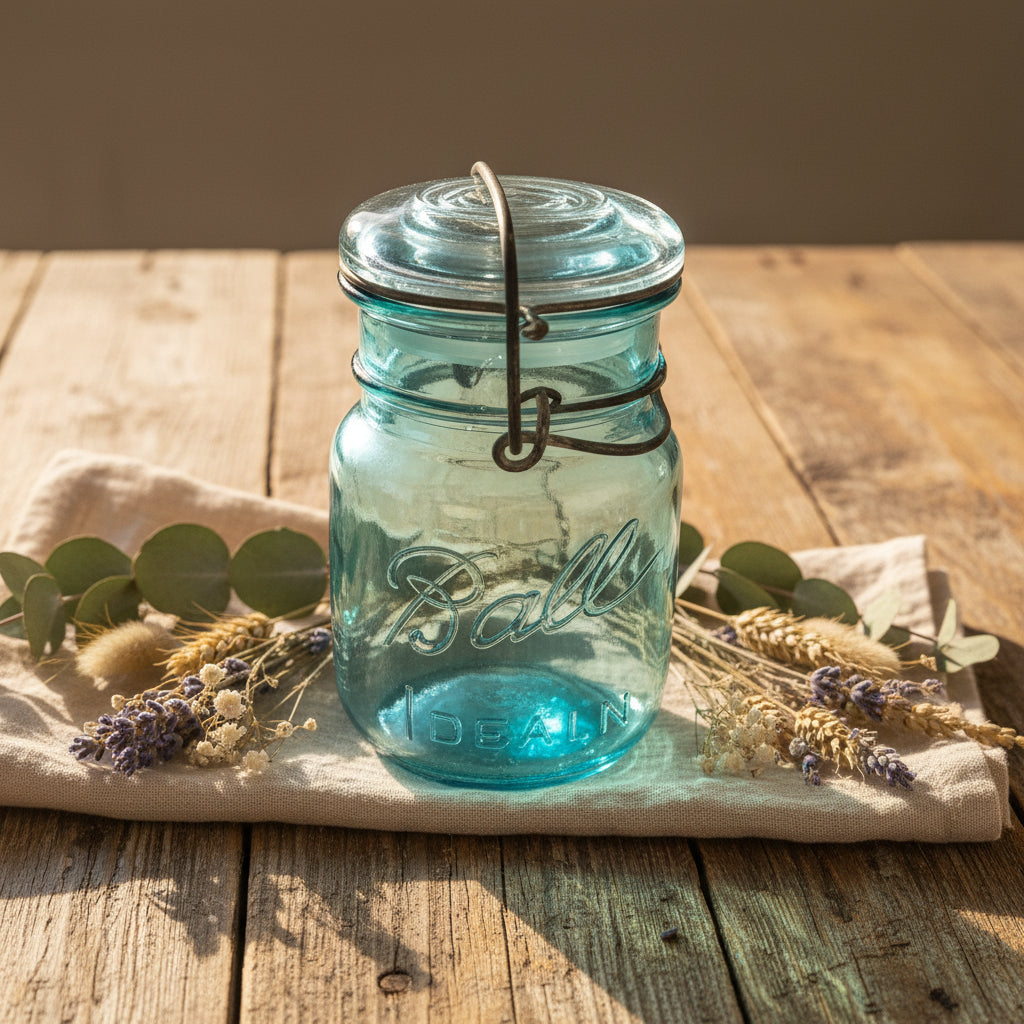 Vintage Aqua Blue Ball Mason Jar with Glass Lid & Wire Bail