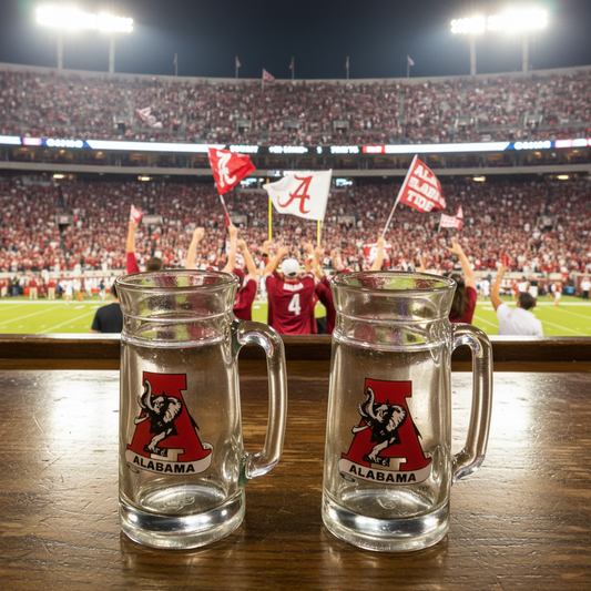 Vintage Alabama Crimson Tide 16 oz Glass Beer Stein Mugs — Set of 2 | Classic Elephant Logo